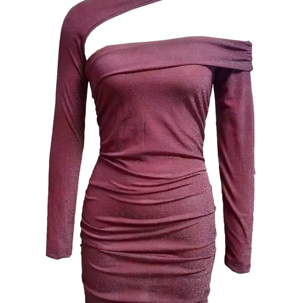 Elegant Spring Dress For Ouyue Burgundy Sexy Bodycon Long Sleeve Ruched Slim Fit Mini Dresses Fashion Clothing