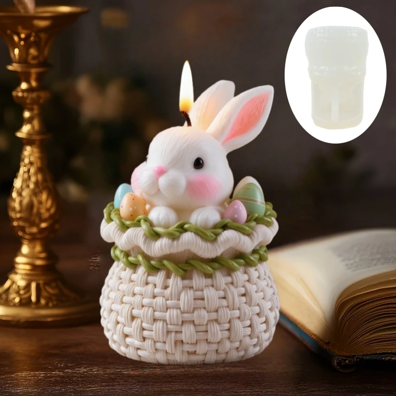 Smiling Cute Rabbit Weaving Flower Basket Candle Silicone Mould Easter Gift Filled with Easter Egg Rabbit Resin Gypsum Molds