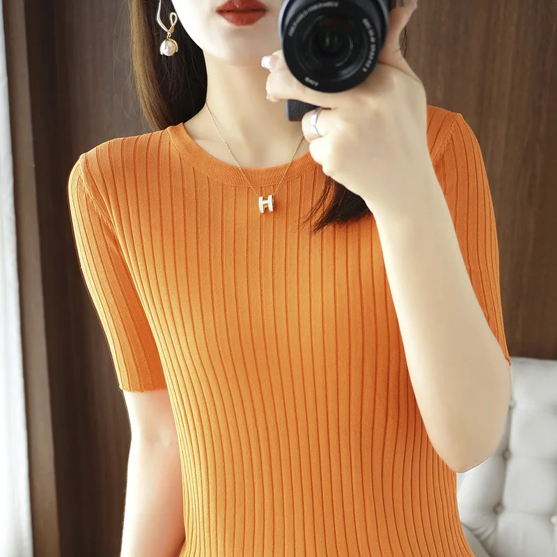 

Summer New Round Neck Ice Silk Short Sleeve Women's Knitted Loose Casual T-shirt Bottoming Solid Color Fashion Joker
