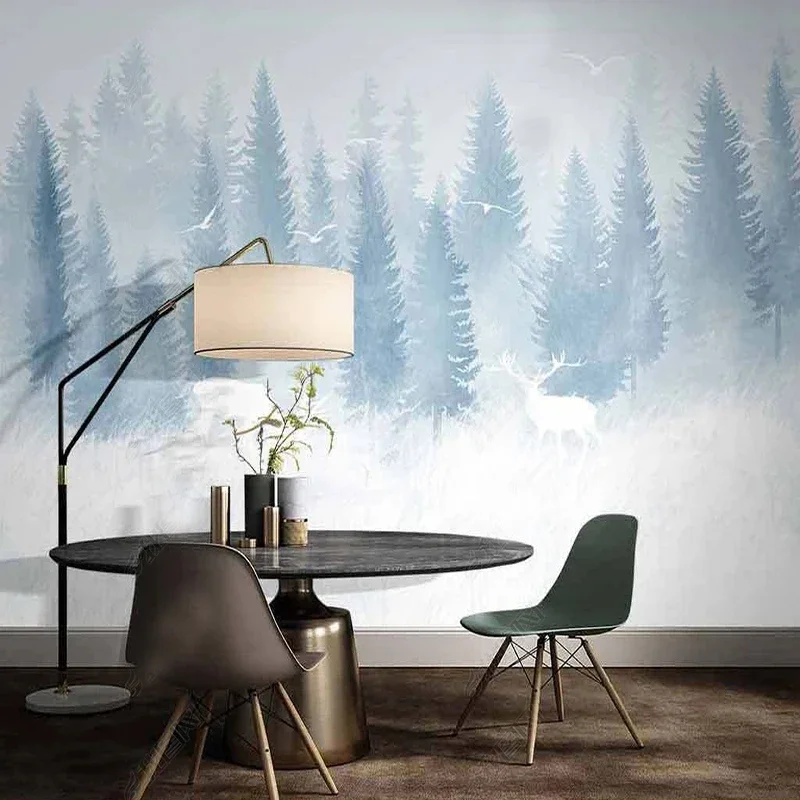 Foto Wallpapers Nordic handgeschilderde Dromerige Sneeuw Cartoon Bos Elanden Muurschildering Woonkamer TV Achtergrond Home Decor Wandbekleding