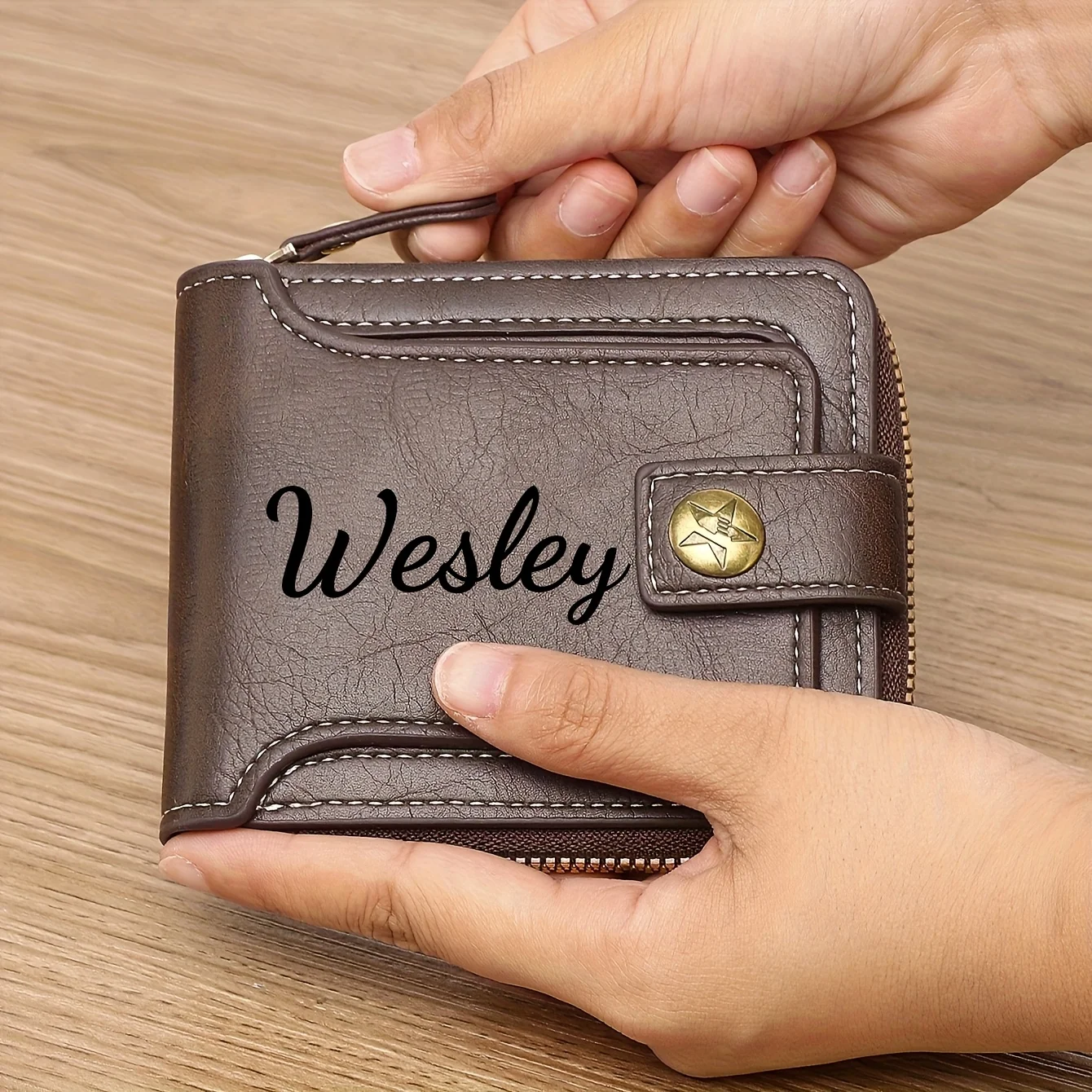 Custom Name Men's Wallet Gift Stylish Brown Faux Leather Engraved Purse Personalized Decorative Durable Card Holder Coin Pocket