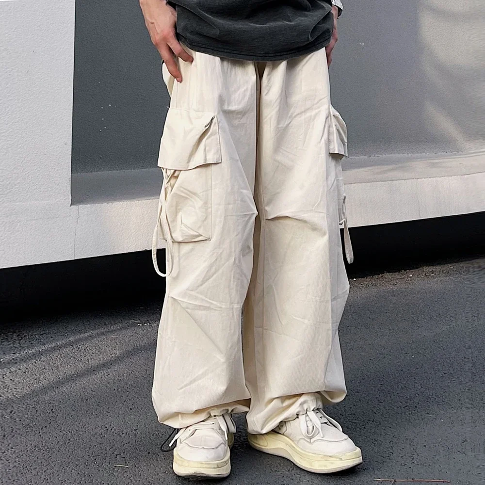 Harajuku Vintage Wide Leg Pants Quick Dry Sweatpants Loose Beige Ice Silk Cargo Pants Japanese Y2K Pants Summer Fashion