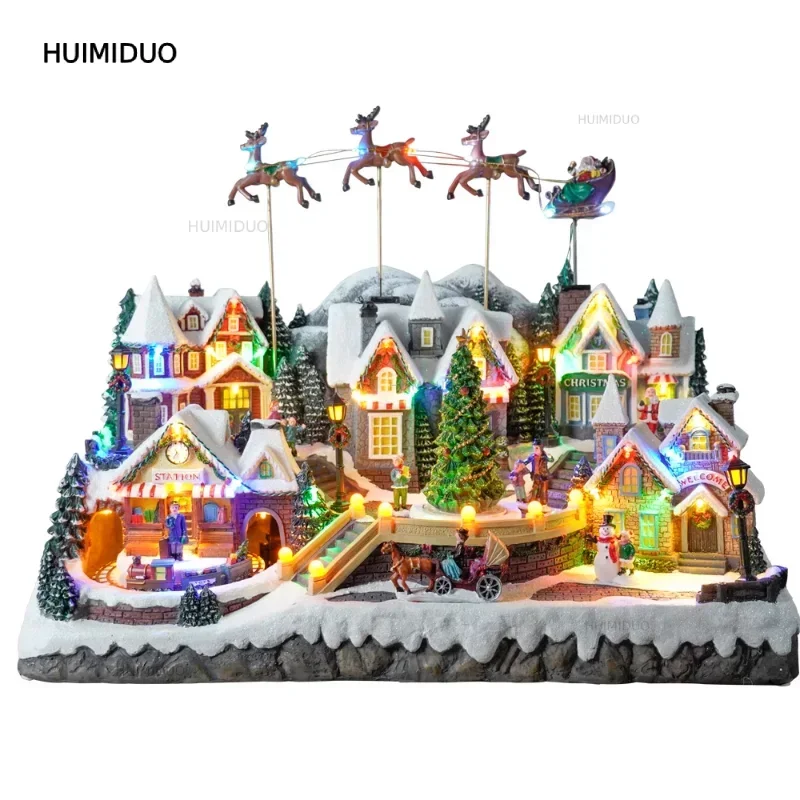 New Christmas Gift, Old Man Snow Mountain Light Train Flying Deer Large Collection Music Box Ornaments, Creative Decorations
