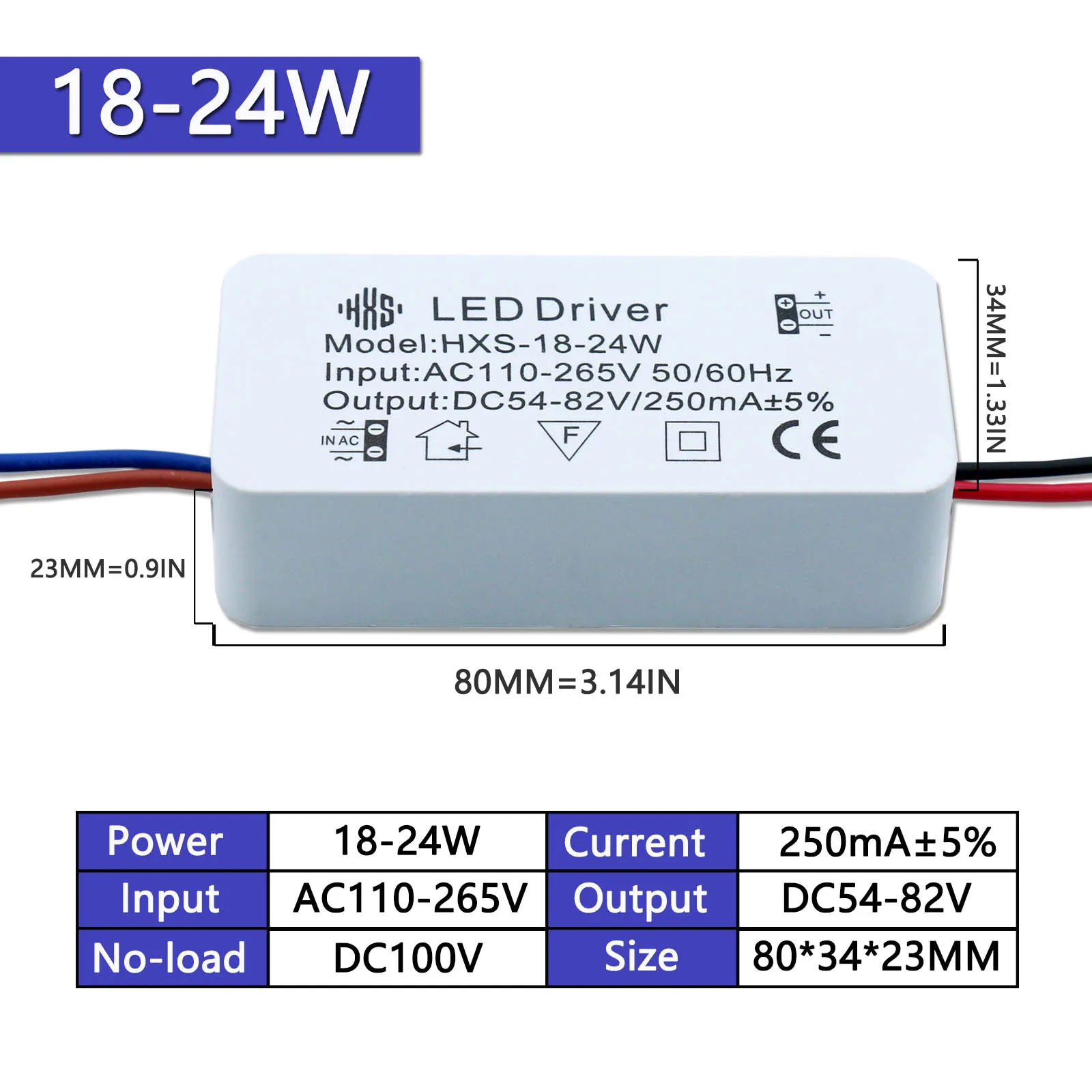 Transformateur de courant Constant pour projecteur, pilote d\'isolation LED, 2-3W 3-5W 4-7W 8-12W 13-18W 18-24W, 250mA, AC110-265V