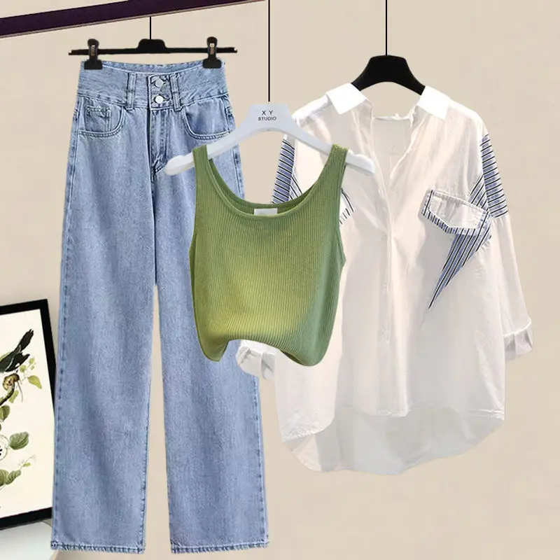 2025 feminino primavera verão nova listrado camisa de manga longa + colete + jeans 3 peças terno coreano elegante cardigan calças jeans conjunto