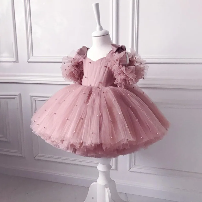 2024 New Baby Girls Dress Summer Mesh Bow Sling Little Princess Gown Dress Children\'s Performance Costume 1-5 Years Kids Clothes