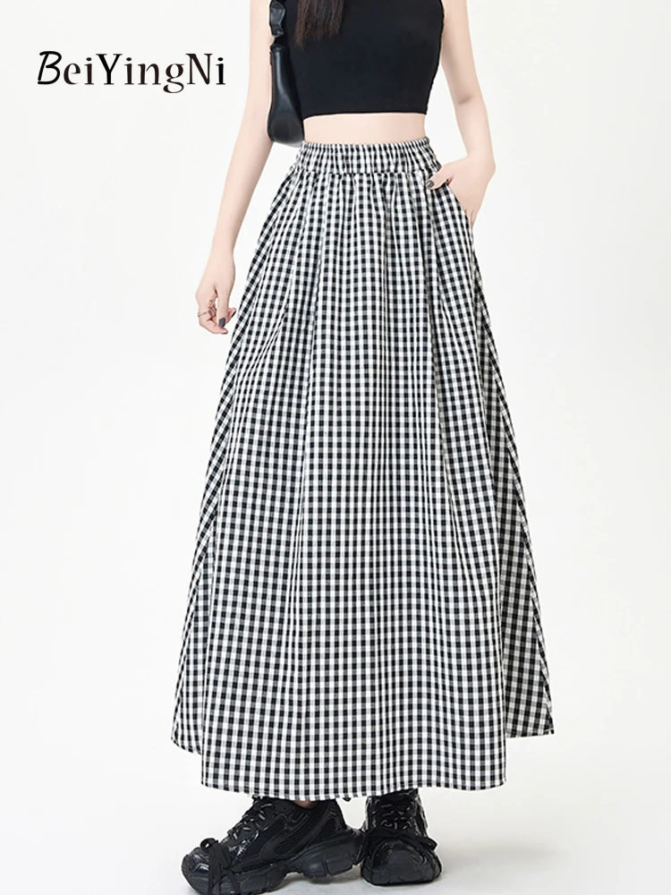 

Beiyingni 2025 New Fashion Women Skirt Harajuku Vintage Plaid A-line Pockets Midi Skirts Female Young Casual Pink Long Faldas