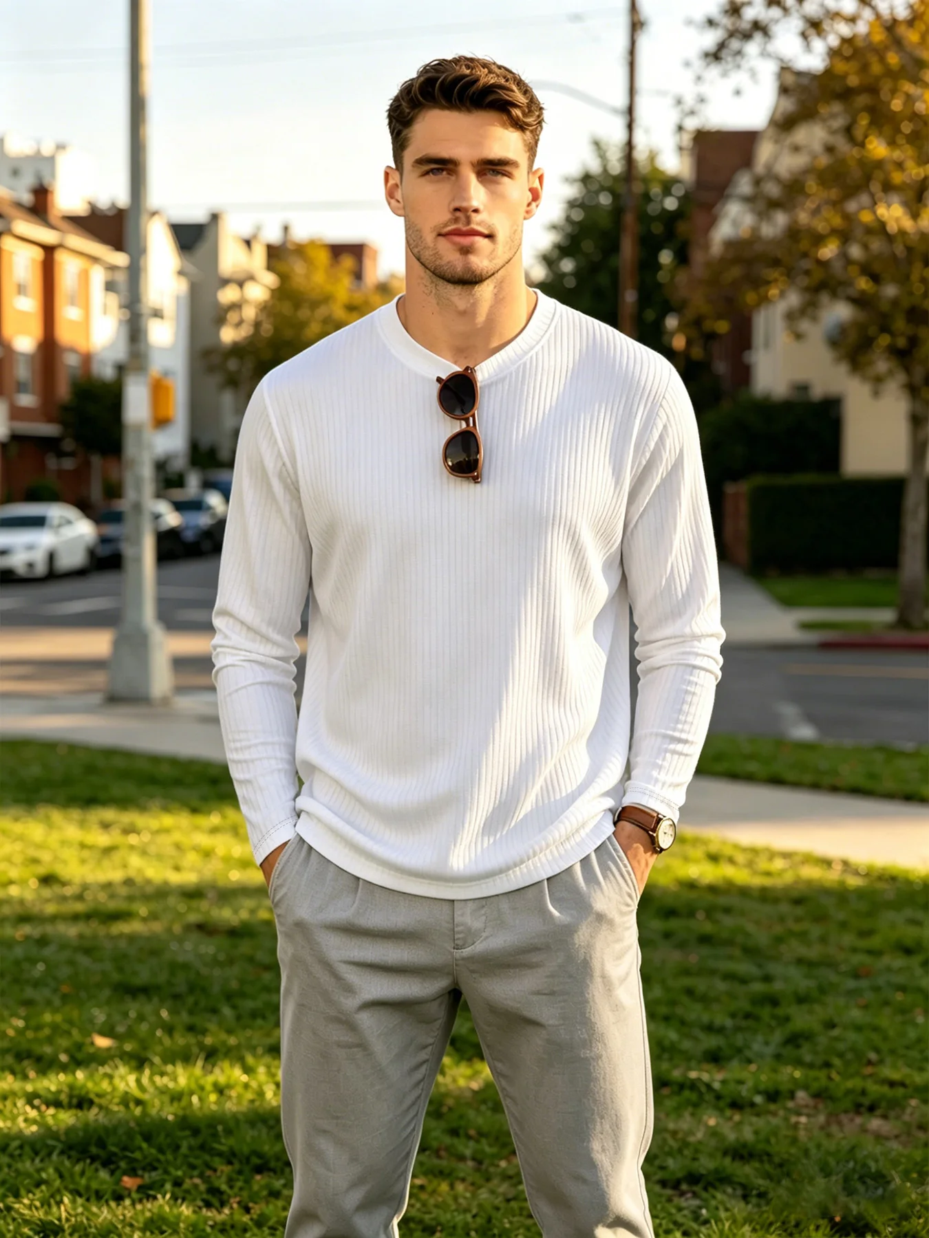 Modisches, texturiertes, vertikal geripptes Herren-Langarmshirt mit Rundhalsausschnitt, elastisches Stretch-Strickoberteil, atmungsaktives Basic-Shirt für den Streetwear-Look – Detail 2