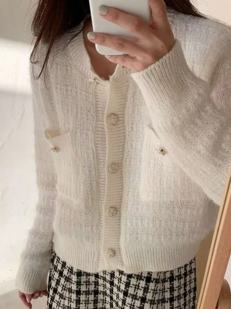 

Spring 2026 Women's Knitted Sweater Coat round Ne Double ket Petite Sle French Faion Regular Fit Long Sve Cardigan