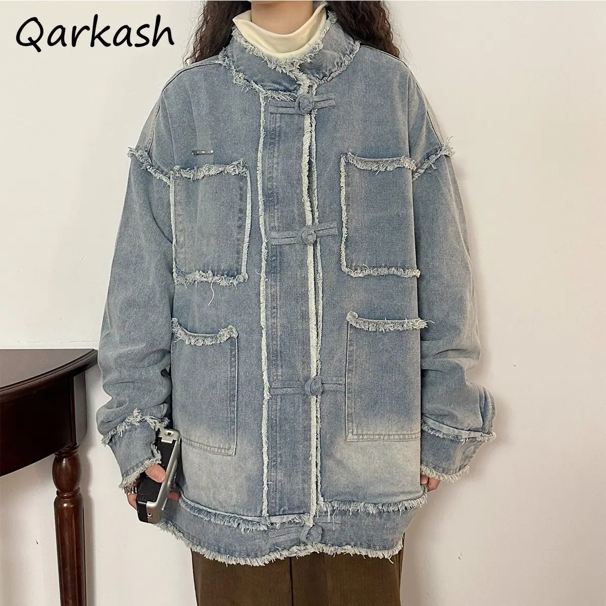 

Denim Jackets Women American Retro Trendy Couple Autumn Raw Edge Design High-end Casual Loose Single Breasted Popular New Coats