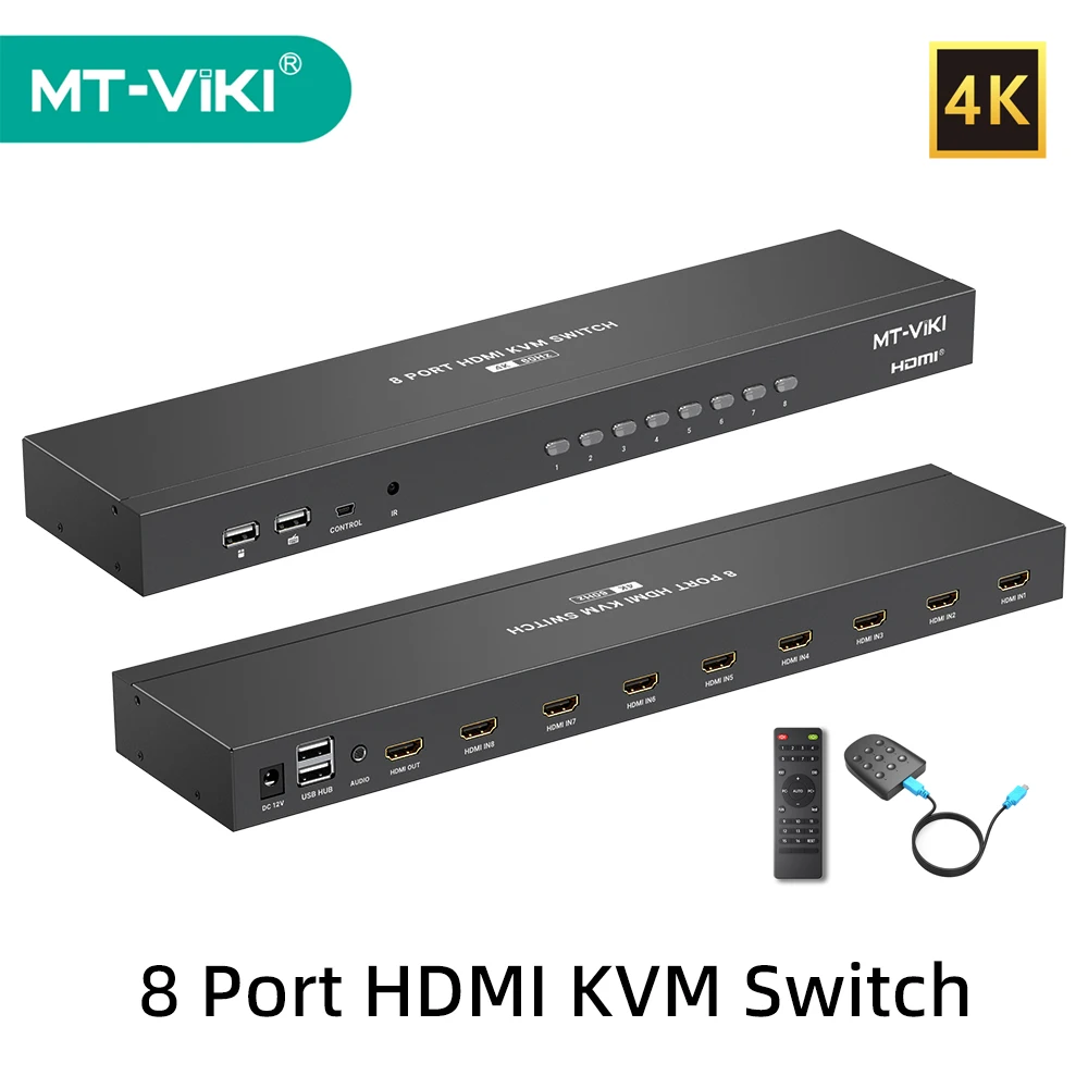 MT-VIKI 8 Port HDMI 2.0 KVM Switch 4K60HZ with IR Remote Wired Extension Select Box MT-KH8S