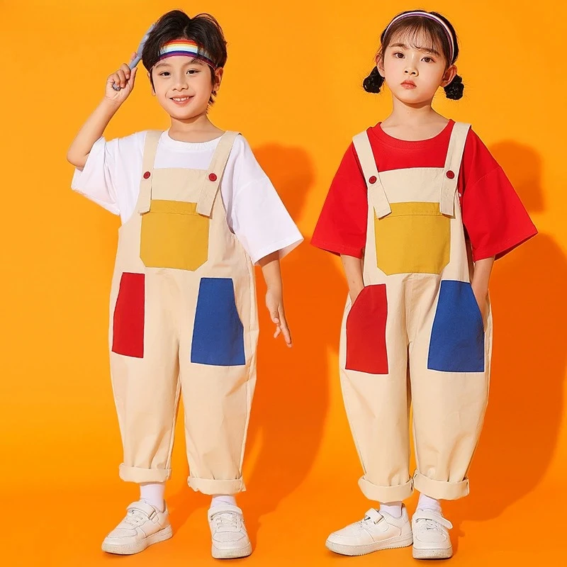 Boys Hip Hop Colored T-shirt Loose Contrast Overalls Girls Patchwork Dungaree Child Jumpsuit Street Dance Romper Kids Streetwear