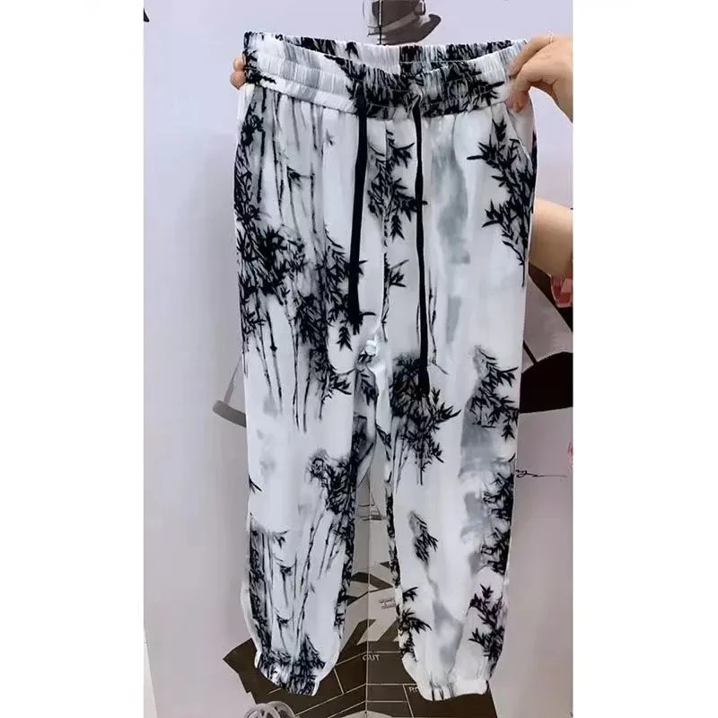 

Summer New Ink Print Cool Shake Trousers Female Casual Fashion Bunched Feet Haren Pants Vintage Wild Elastic Waist Clothes Women