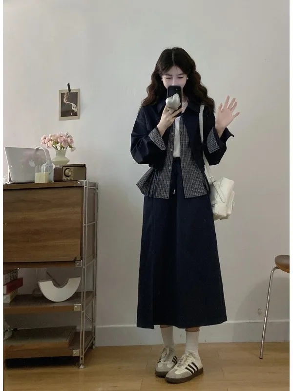 

plus Size Retro Outfit Autumn Winter Plaid Splicing Long Sleeve High Waist A-Line Skirt Set Korean Style Loose Fit Commute