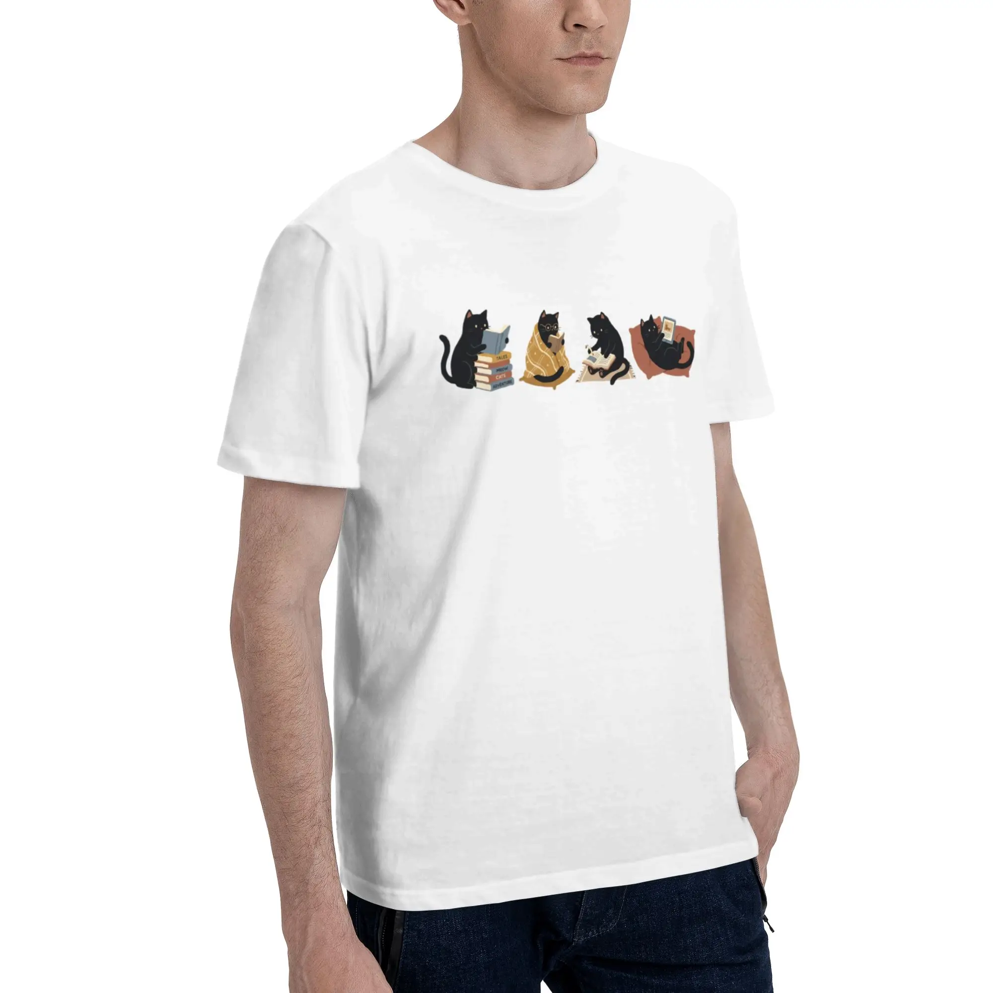 Four Cozy Book Lover Black Cats Horizontal Cartoon Men's T Shirts  Humor Tees Short Sleeve Crew Neck Cotton Classic Clothes
