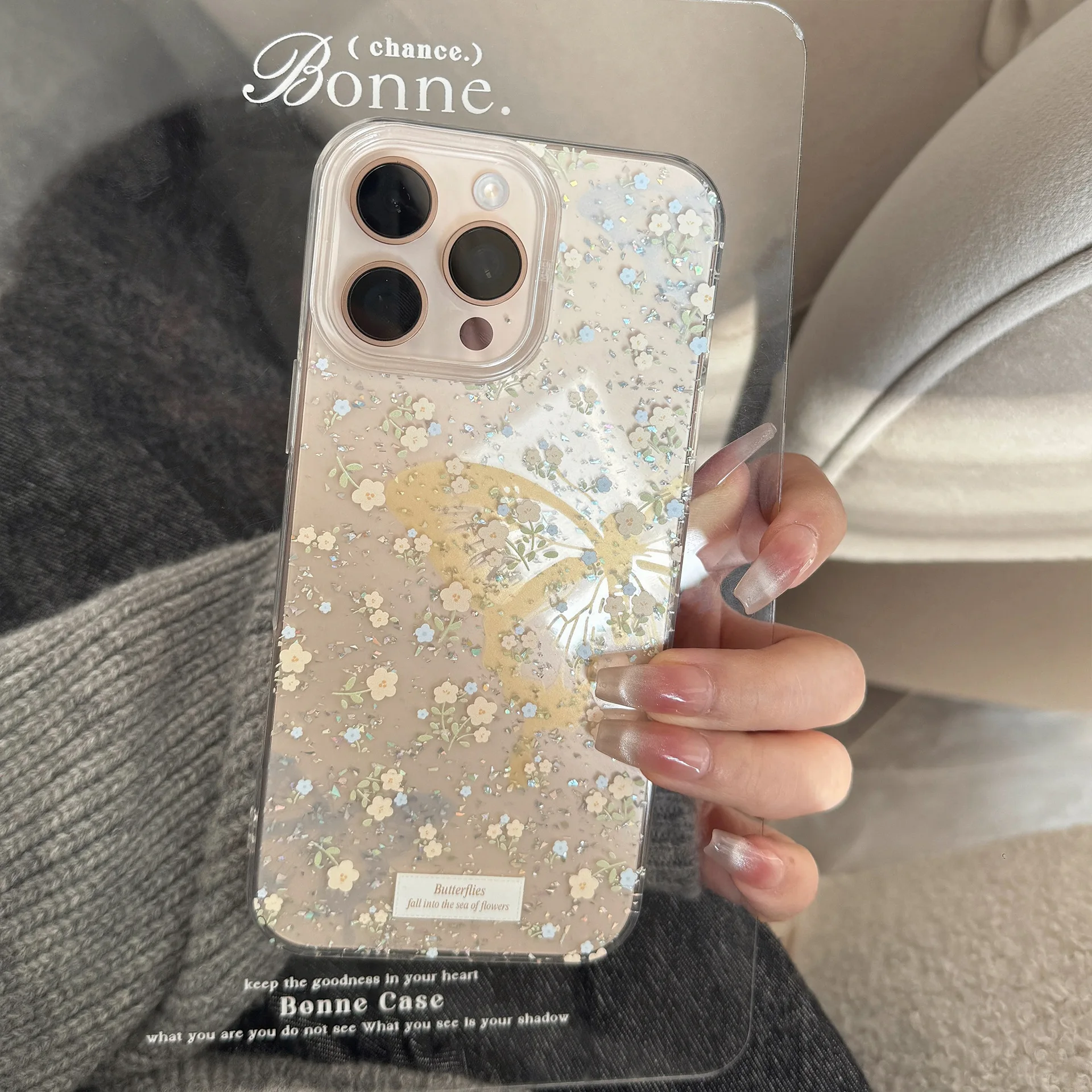 Korean Full Screen Flowers Butterfly Sequins Phone Case For iPhone 17 Air 16 15 14 13 12 11 Pro Max XS XR Clear Shockproof Cover