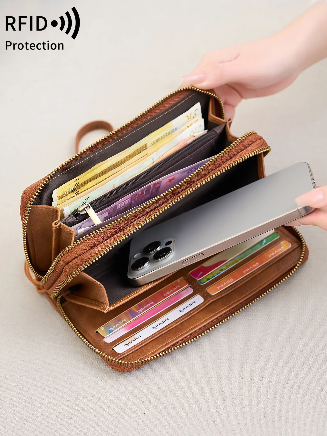 MIYIN Women's Wallet RFID Shielding Double Zipper Women's Clutch Bag Retro Minimalist Multi-function Multi-card Slot Card Holder
