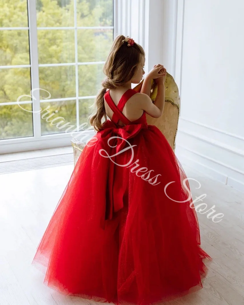 Vestido de niña de flores brillante para boda, tul rojo, largo hasta el suelo hinchado con lazo, fiesta de cumpleaños para niños, vestido de primera comunión personalizado