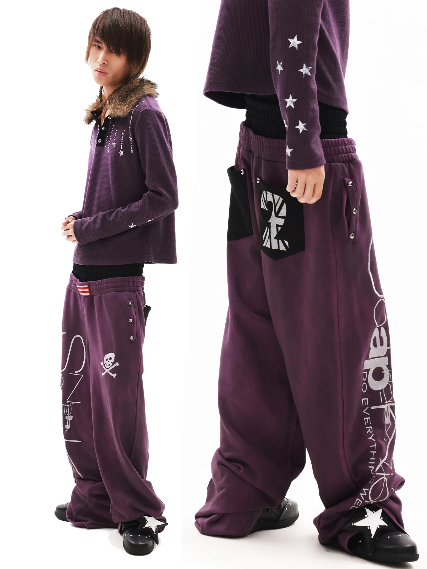 American street style mopping pants double waist rivet skull graffiti loose straight casual pants for men and women.