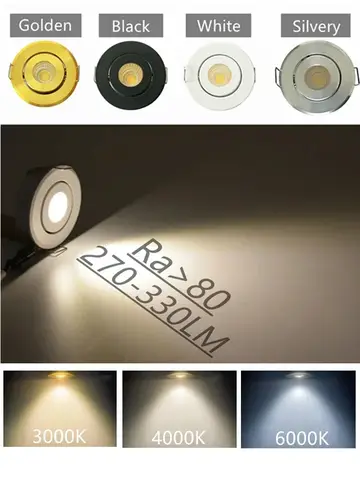 LED 다운라이트 미니 COB 천장 조명, 조정 가능한 드라이브 프리 다운 라이트, 쇼케이스 캐비닛 오목 조명, 화이트 바디, 12V, 3W