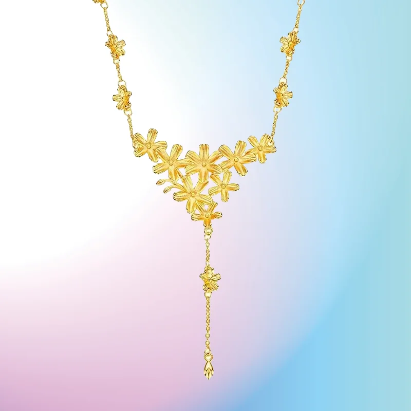 

new 9999 Real Gold 24K Wedding Dress Fashion Flowering Brocade Tassel Flower Gold Clavicle Necklace Ancient Gold Flower Necklace
