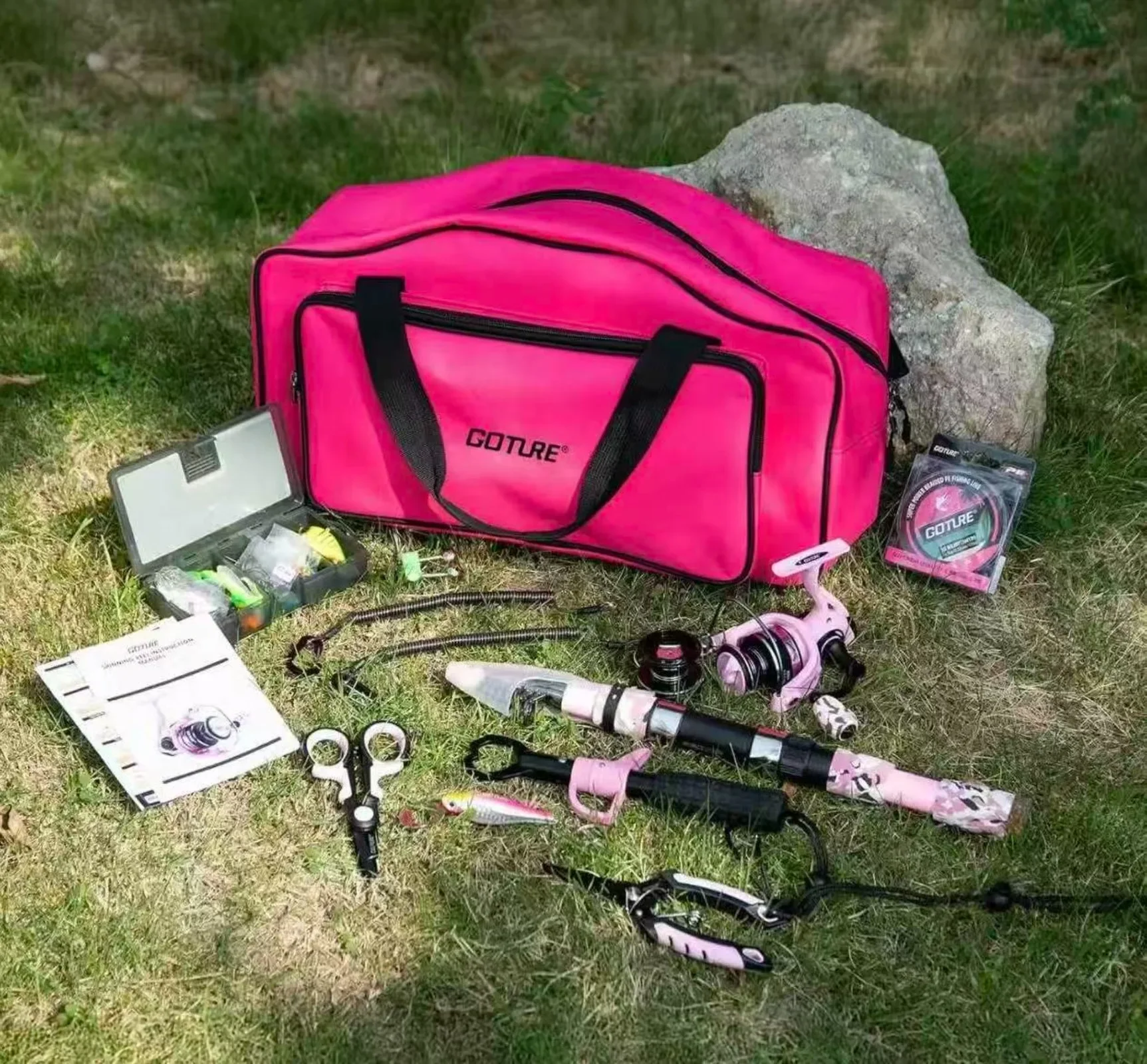 Pink Fishing Rod and Reel Combo, All-in-One Fishing Kit:Telescopic Rod,Spinning Reel,66PCS Lures Tackle Bag,Fishing Gear