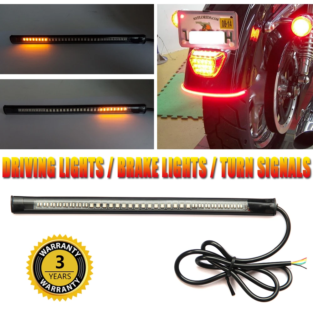 

HAOLIDE Motorcycle Light Bar Strip Tail Brake Stop Turn Signal License Plate Light Integrated 3528 SMD 48 LED Red Amber Color