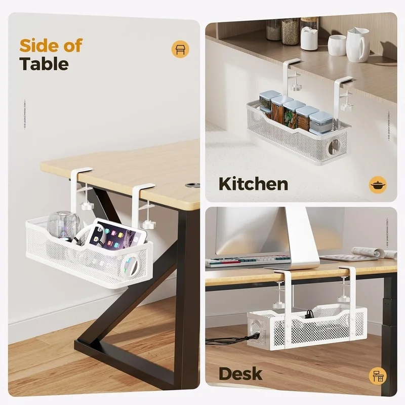 DT23 Cable Management Box, No Drill Under Desk Storage Basket, Wire Hanging Organizer for Home Office, White, Metal