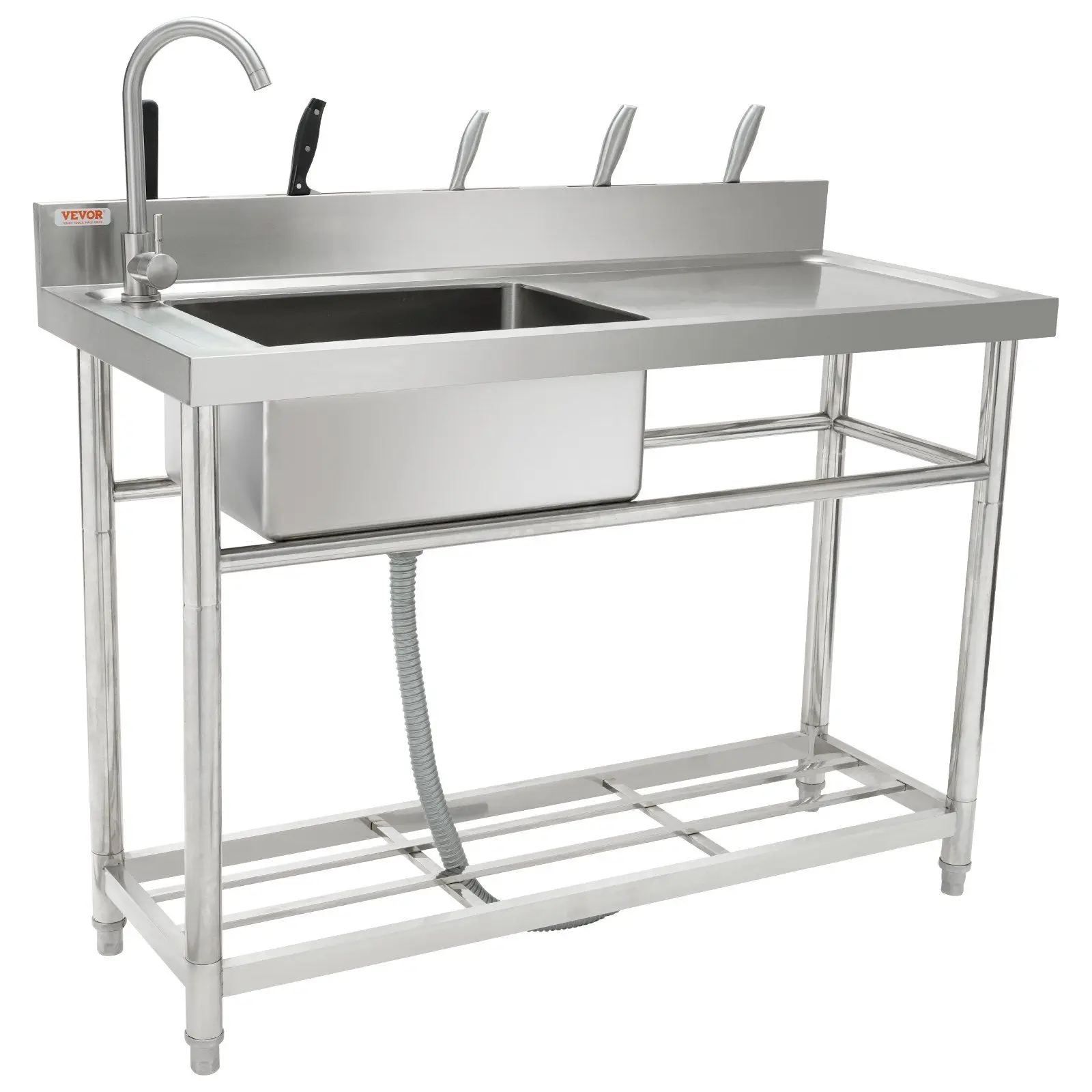 

Durable 1 Bowl Sink 39.4x19.1x37.4 in Stainless Steel Freestanding with Workbench Area and Flexible PP Drain Pipe