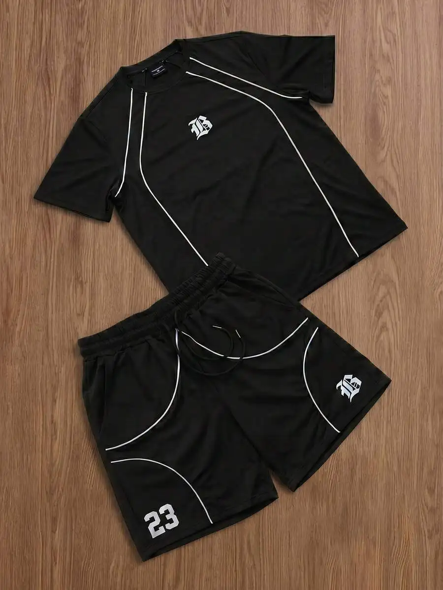 

Mens Sporty Casual T-Shirt And Shorts Set With Contrast Stripes And Number Print