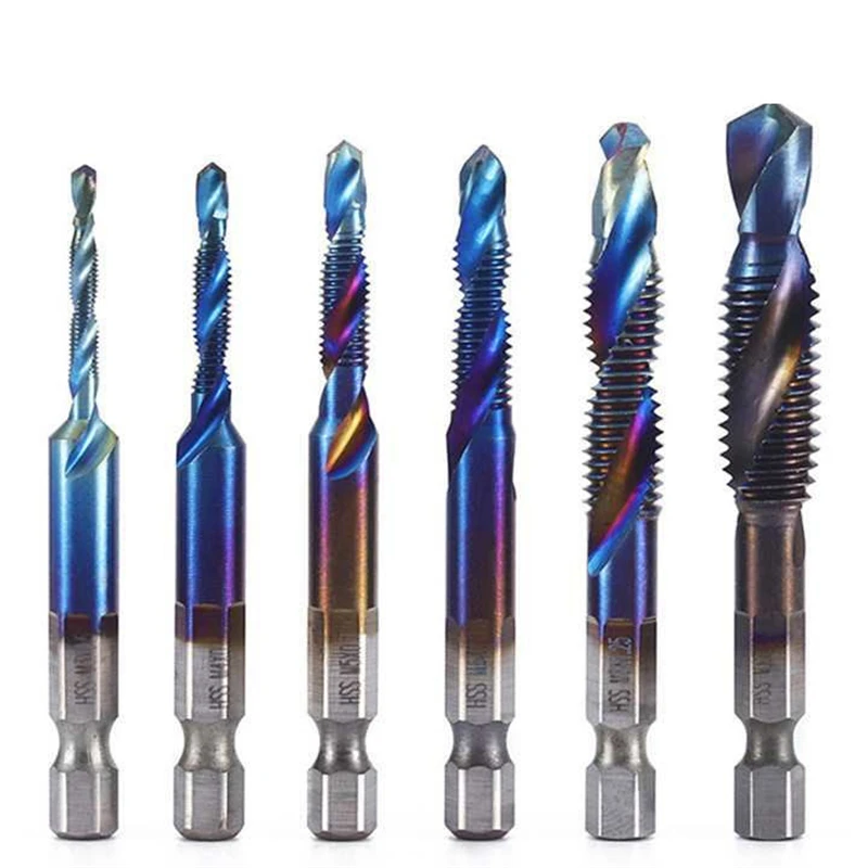 6pcs Tap Titanium Plated Hex Shank Drill Bits HSS Screw Thread Metric Taping Screw Machine Compound Tool M3-M10 Hand Tools