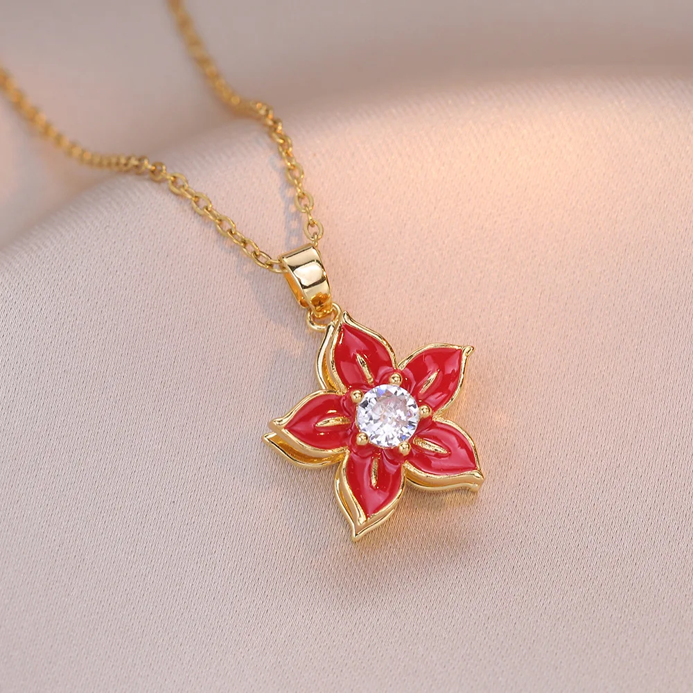Rotatable Red Enamel Flower Pendant Necklace for Women Girls Vintage Trendy Flower Jewelry Accessories Gifts