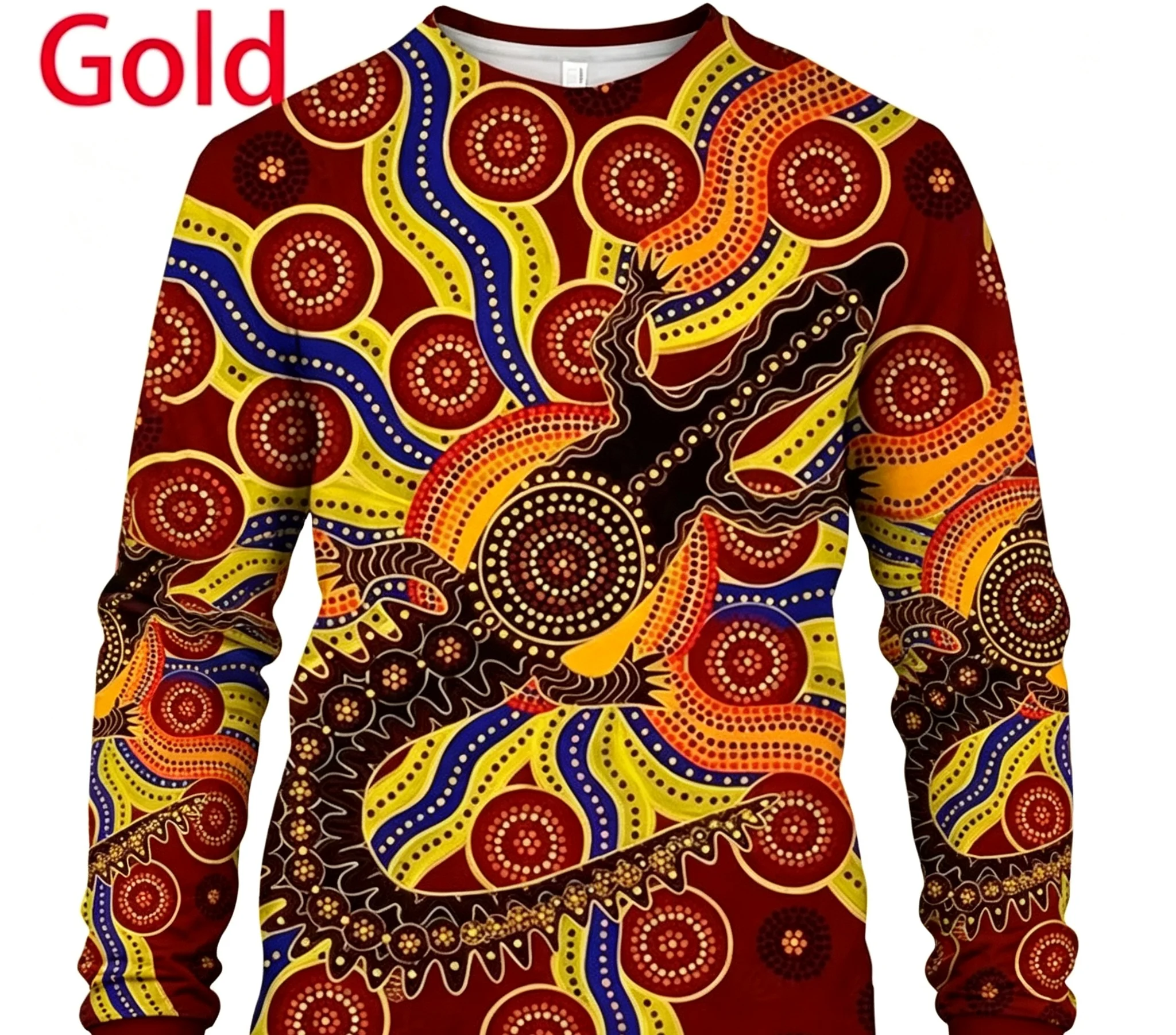 Men Australian Aboriginal Dot Art 3D Print Long Sleeve T-shirt, Indigenous Turtle Snake Crocodile Graphic Crew Neck Casual