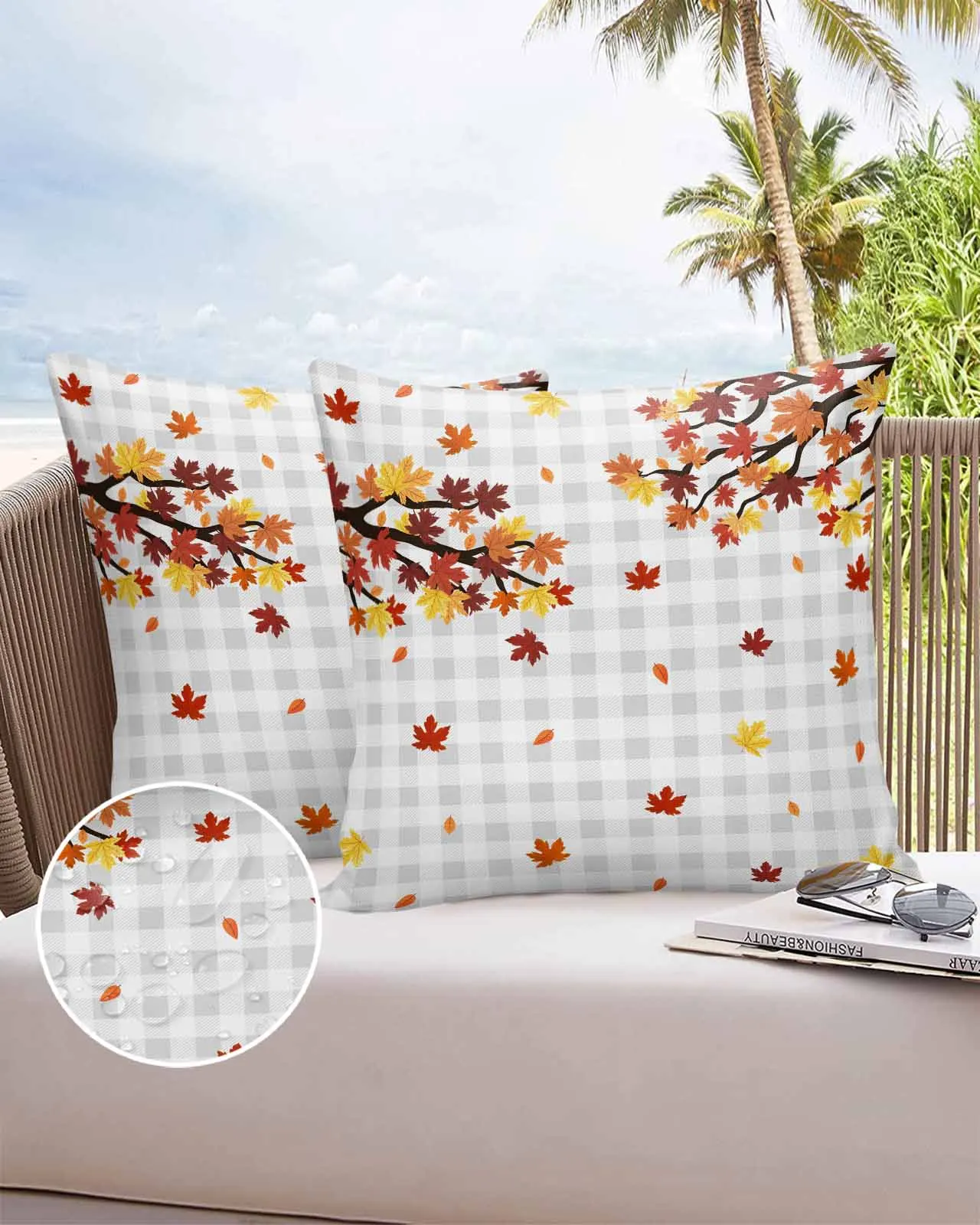 

Waterproof Pillow Cover Grey Plaid Autumn Maple Leaf Branch Outdoor Pillowcase Case Garden Patio Cushion Covers Home Decor