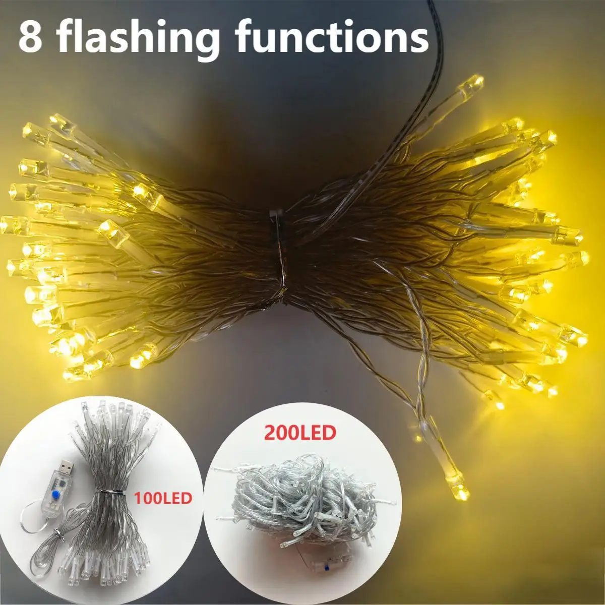 1 Piece 100Led/200Led USB Power Supply, 8 Function Flashing Led String |   Indoor and Outdoor Decoration Multi-Purpose |   Energy Saving and Flexible Fairy Lights |   Ideal for Christmas, Halloween, and Wedding |   Warm Light Atmosphere Lighting, Holiday Decoration |   Warm Lighting |   Decorative Lights
