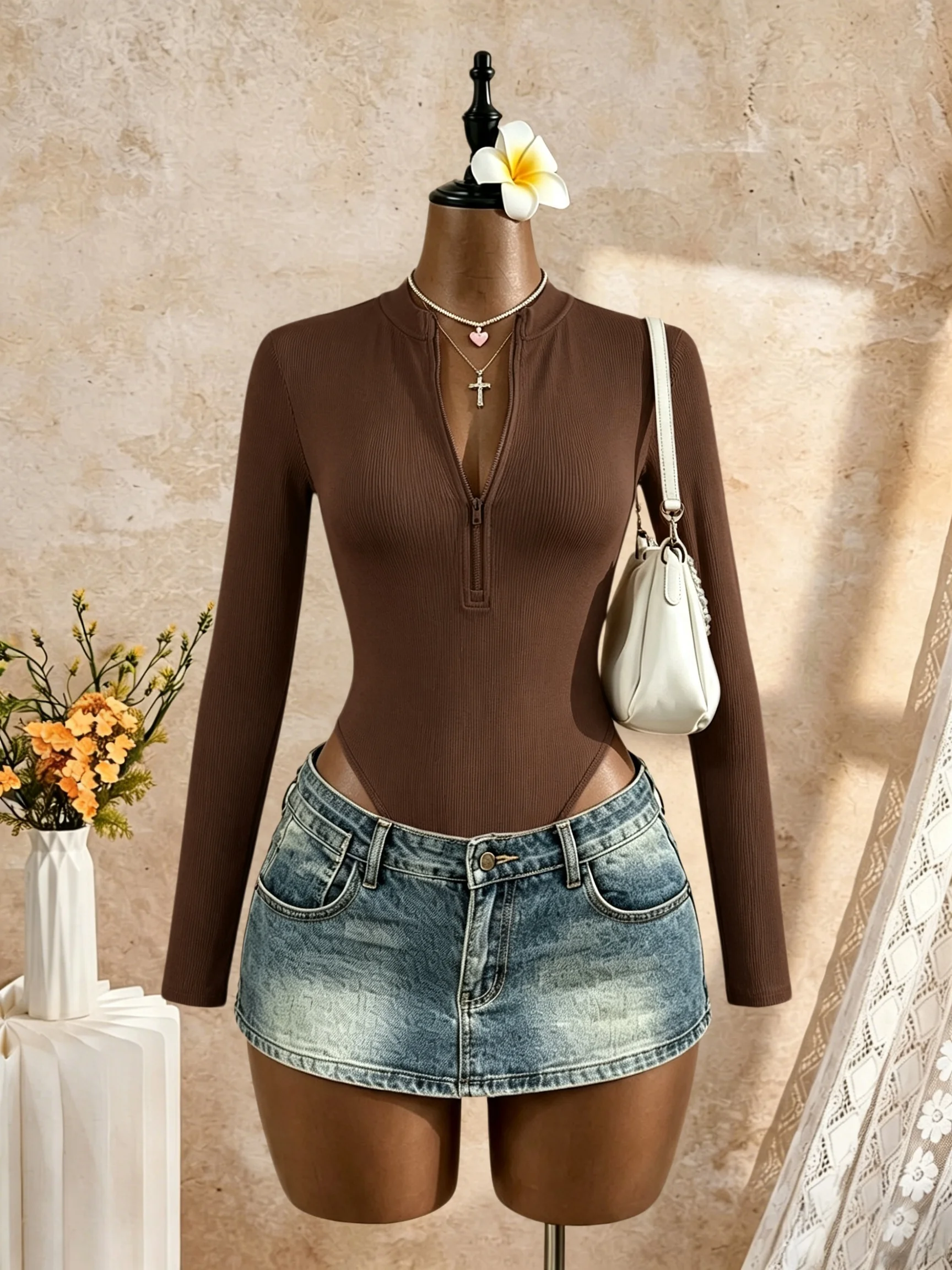 Women Ribbed Half Zip Bodysuit Long Sleeve Stand Collar Slim Fit Stretchy Jumpsuit Casual Daily Wear Going Out Fashion Top
