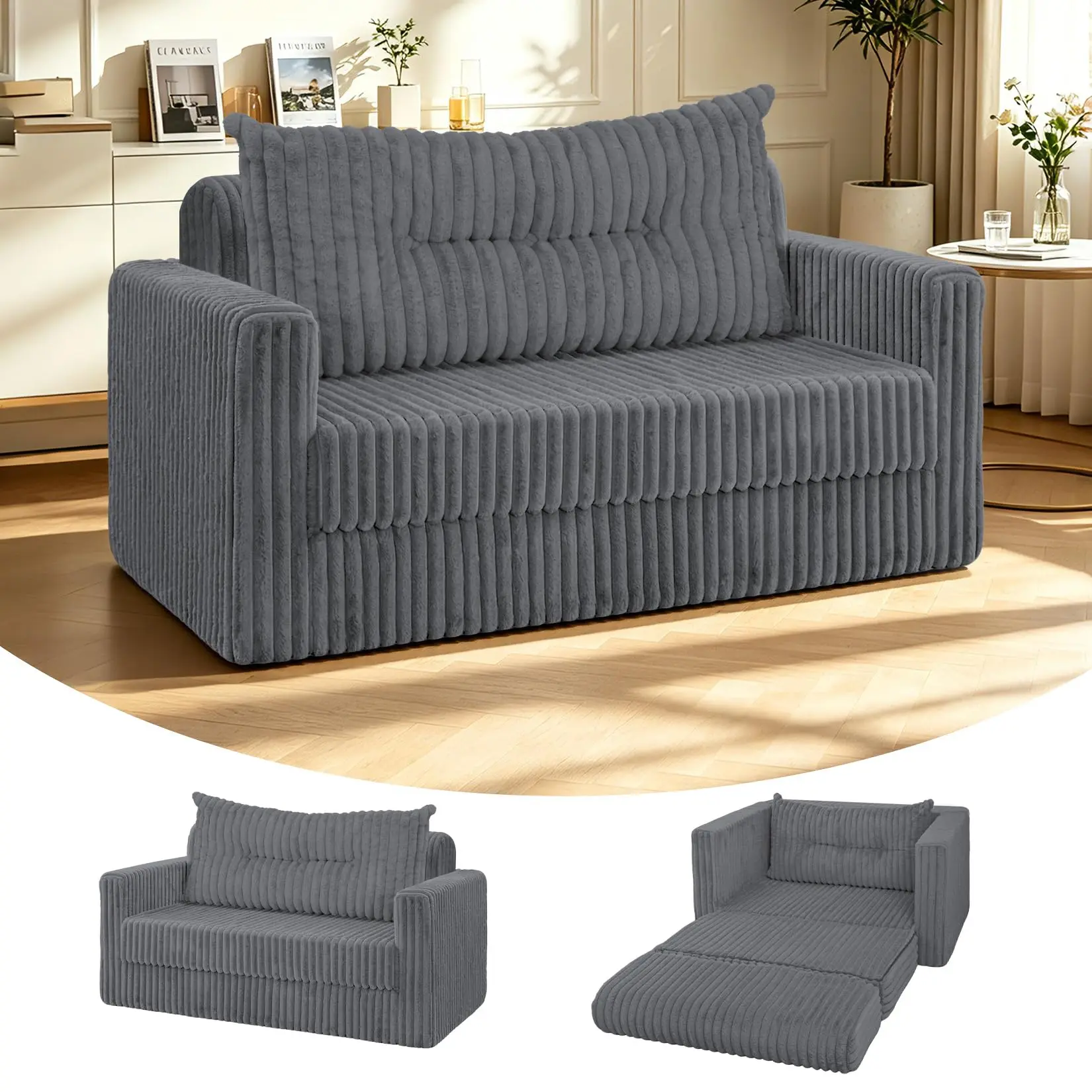 

2-In-1 Folding Sofa Bed Convertible Sleeper Chair With Armrest And Pillow For Living Room Bedroom Office Grey