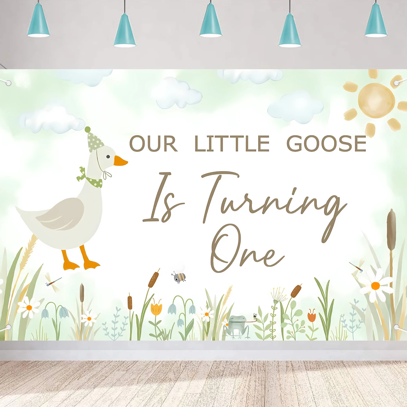 أوزتنا الصغيرة تتحول إلى خلفية واحدة من زينة حفلات أوزة خضراء لعيد الميلاد الأول بألوان مائية وخلفية كرتونية للأوز الصغير #1