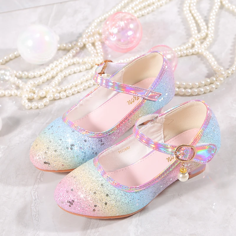 YUNICUS Girls High Heels Princess Shoes Students Children\'s Single Shoes Little Girl Performance Sequins Glitter Leather Shoes