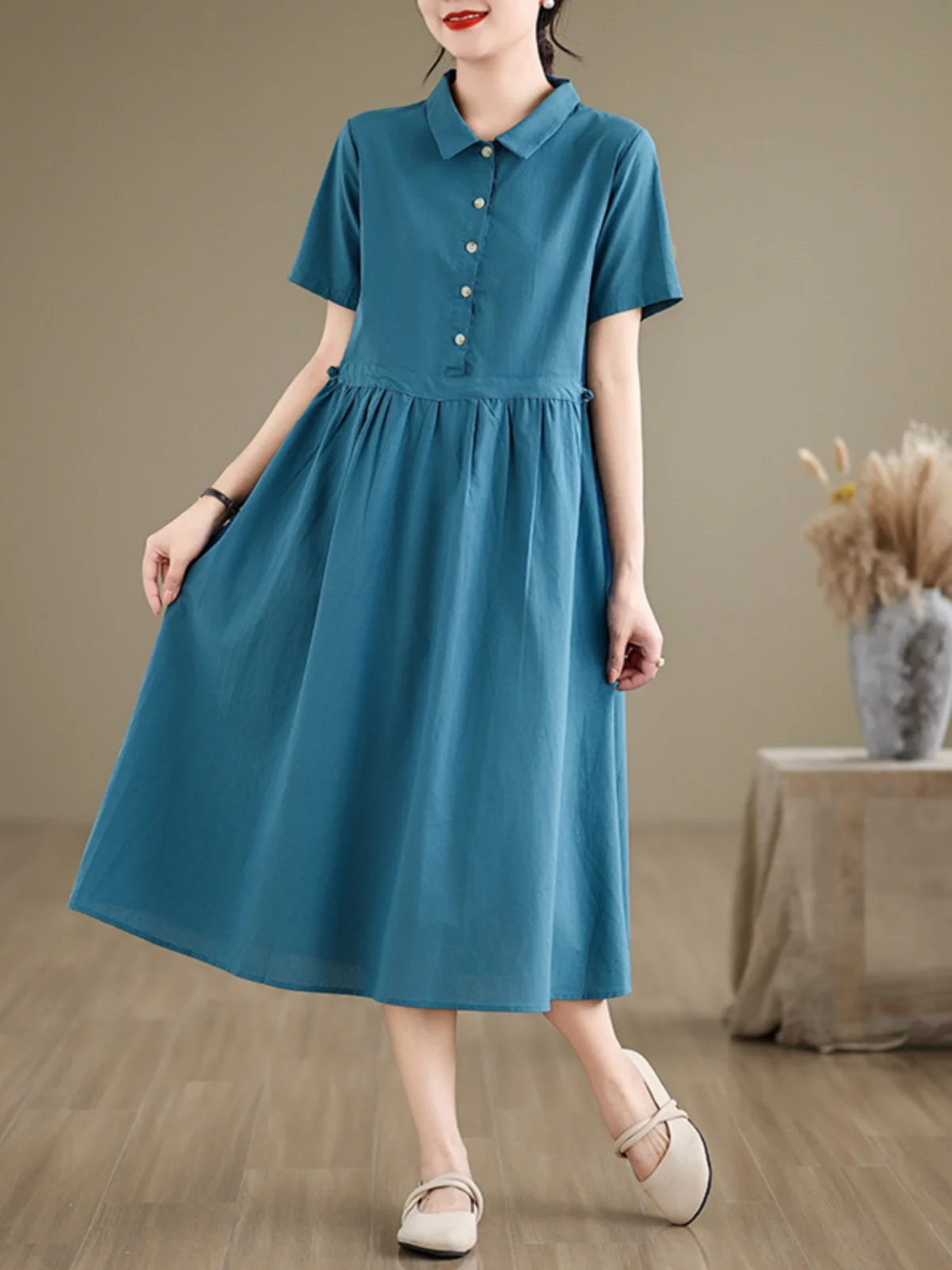 High Waist Loose Women's Dress  Collar Pure Color Summer Fashion Ladylike Cotton Chiffon Midi Skirt Short Sleeve