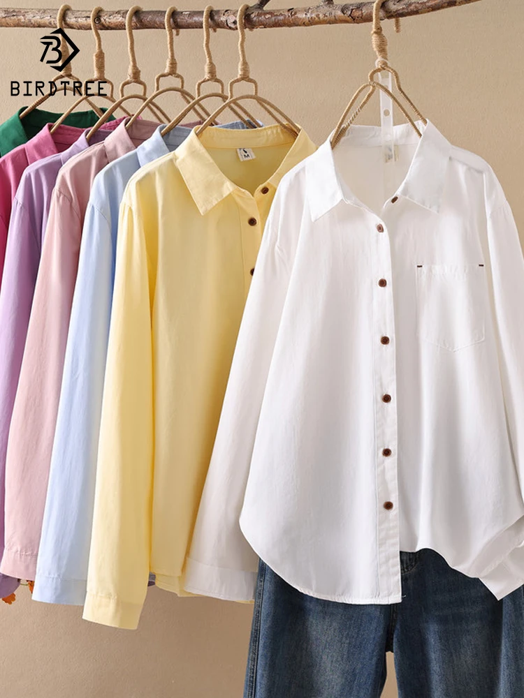 

New 2026 Spring Women Cotton Long Sleeve Shirt, Turn-down Collar Solid, Mori Girl Simplicity OL Commute Loose Blouse T63461CC