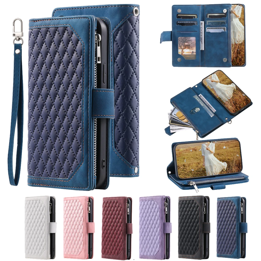 

Fashion Zipper Wallet Case For Redmi 9A Flip Cover Multi Card Slots Cover Phone Case Card Slot Folio with Wrist Strap