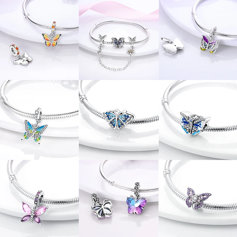 Schmetterlingsanhänger 925 Sterling Silber Rosa Blau Regenbogen Perlenanhänger Passend für Europäische Armbänder DIY Schmuck Geschenk für Frauen und Mädchen 2026 – Detail 3