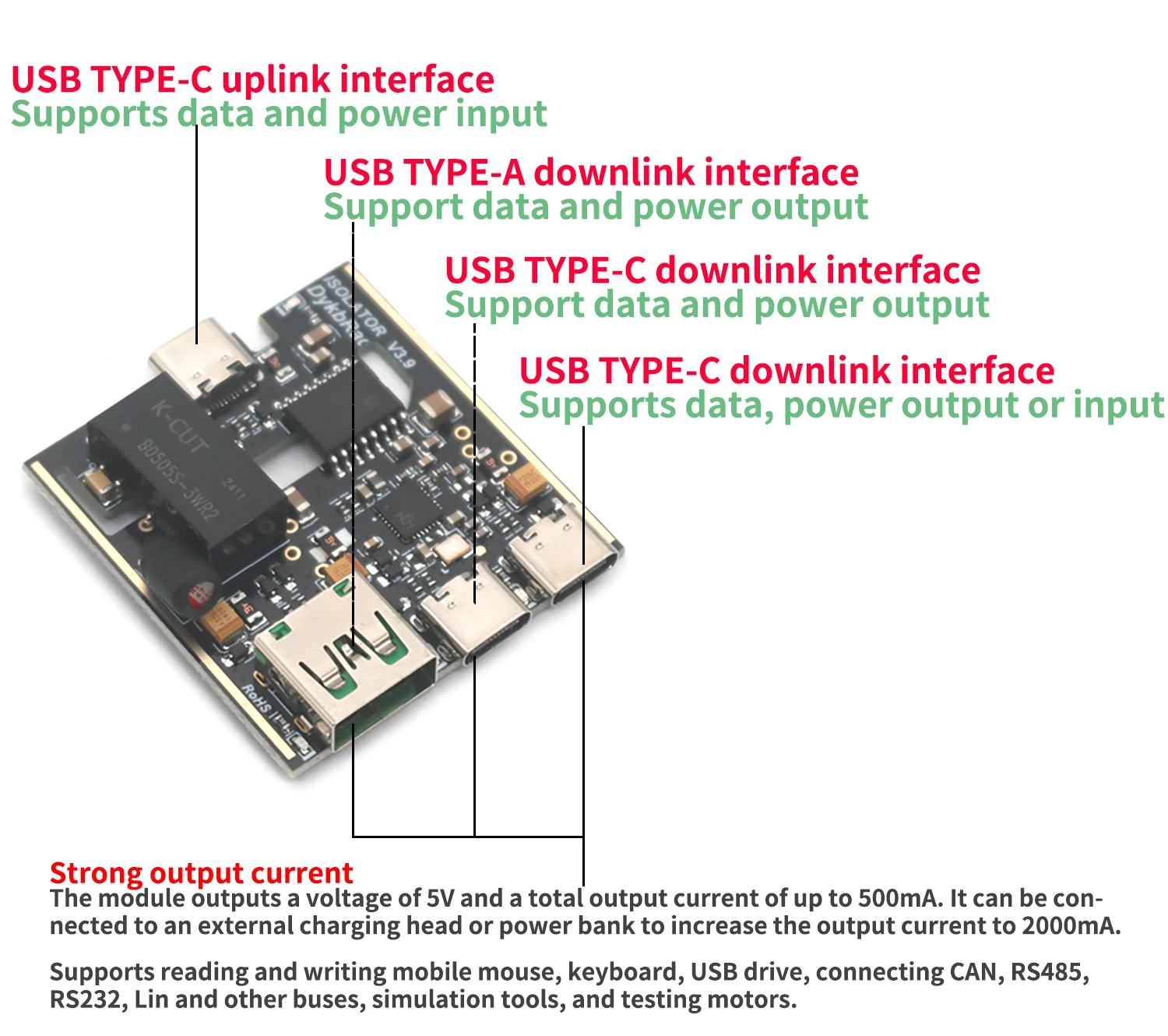 ADUM4160 USB Isolator Full/low Speed Type-C Isolation HUB USB Signal Audio Power Eliminate Noise Factory Debugging Communication