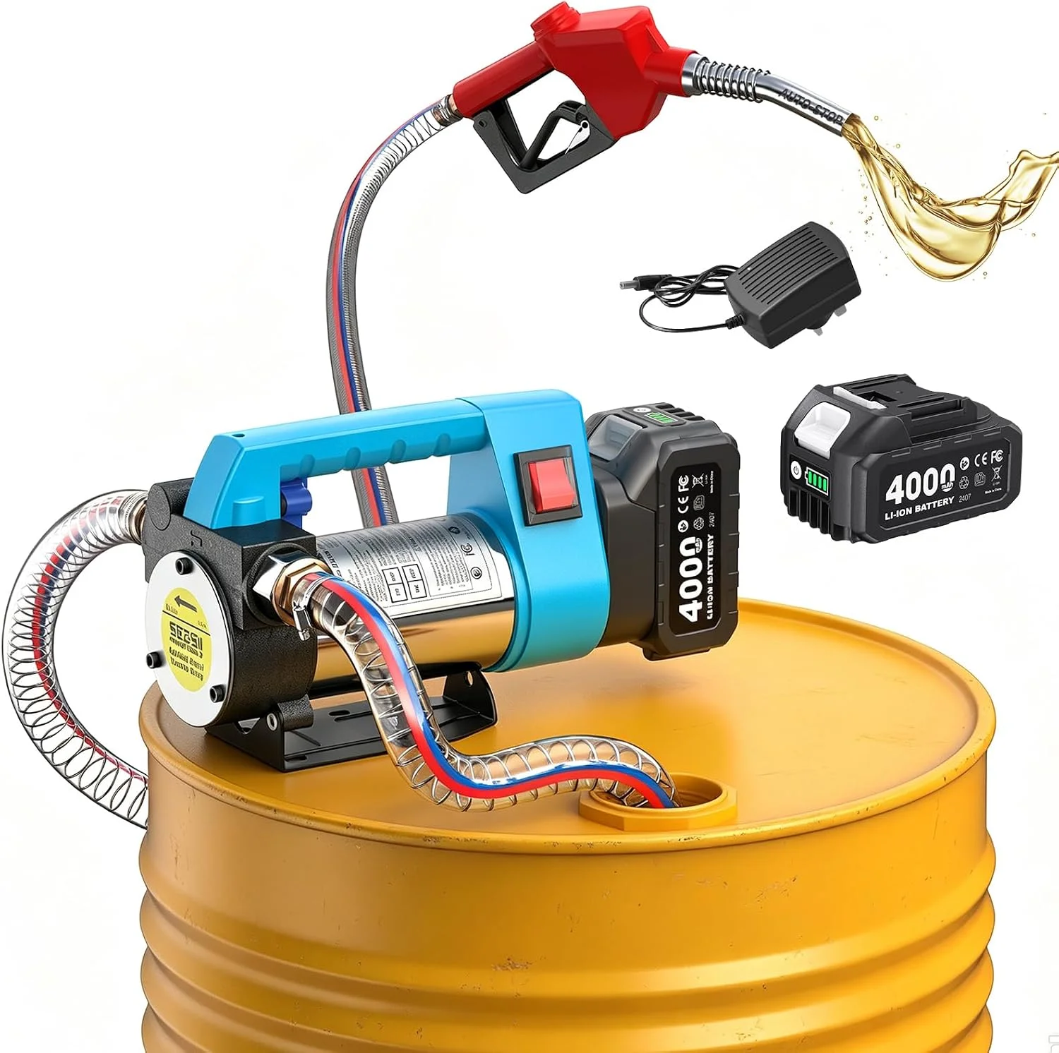 SEESII SP12 Ultra Cordless Fuel Transfer Pump for Diesel 260W Electric Car Fuel Pump Kit 21V 12GPM Portable Self-Priming Pump Automatic Stop Battery Powered Tool with 4.0Ah Battery for Makita