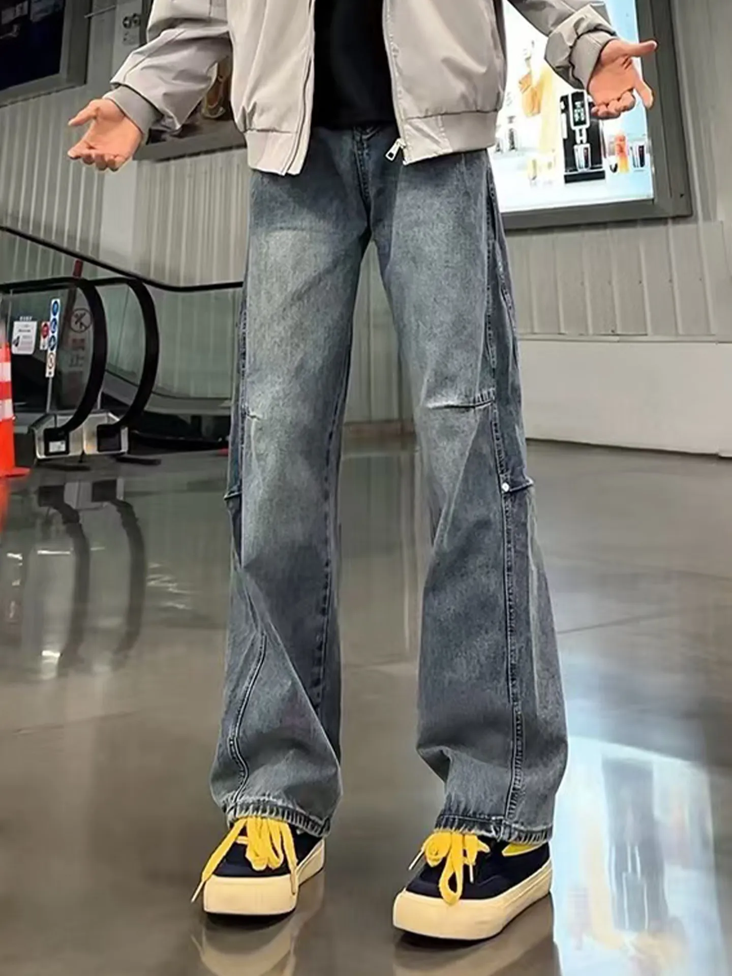 

Blue Deconstructed Rivet Workwear Style Jeans Men's Cleanfit Half Elasticity Logging Pants Straight American Trendy Brand