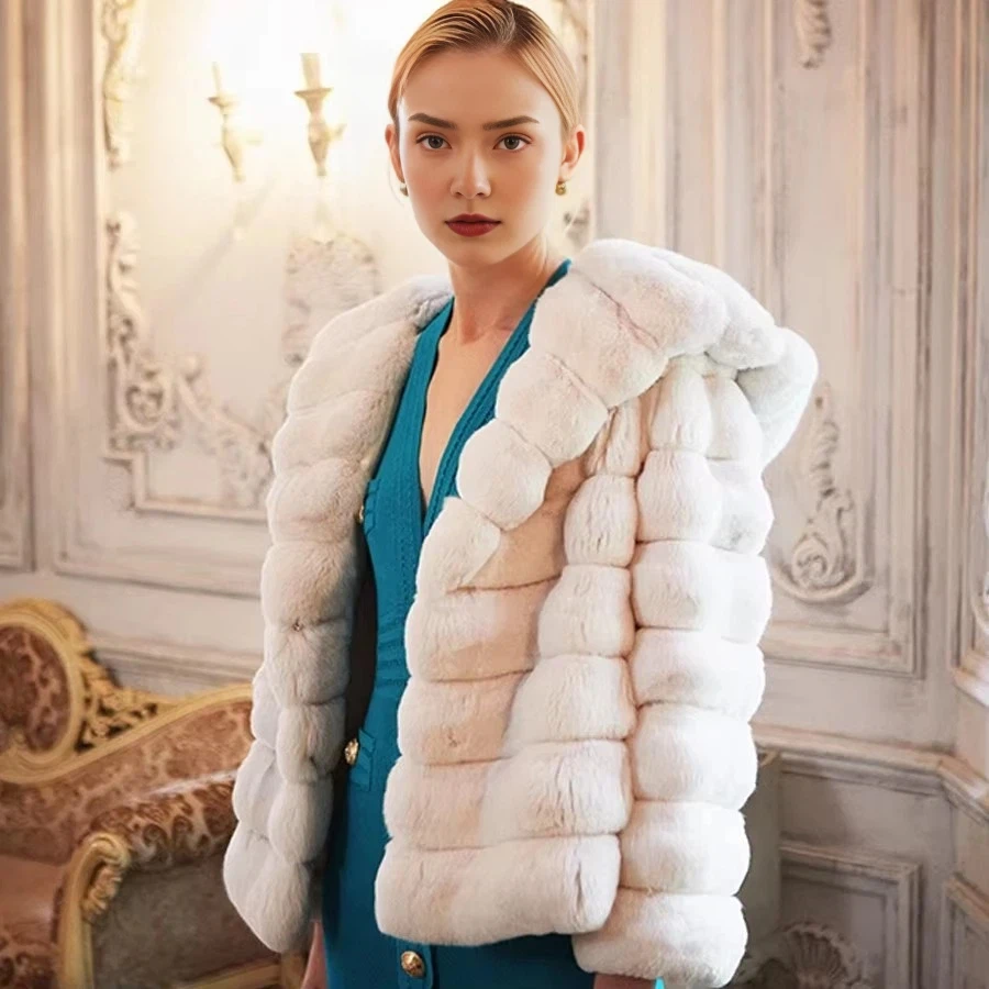 

Зимняя шуба из меха шиншиллы для женщин, натуральная шуба из меха кролика рекс с капюшоном, высококачественная женская короткая шуба