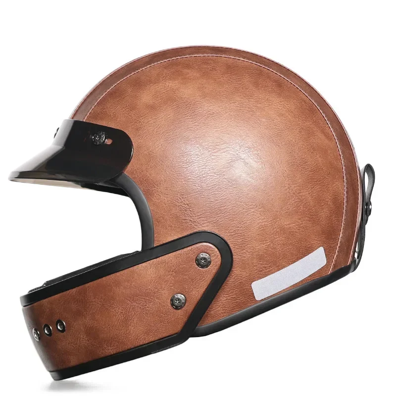 Retro Helmet Leather Lining Motorcycle Full Helmet Removable Chin Vespa Locomotive Men Women Lightweight Small Shell Capacete