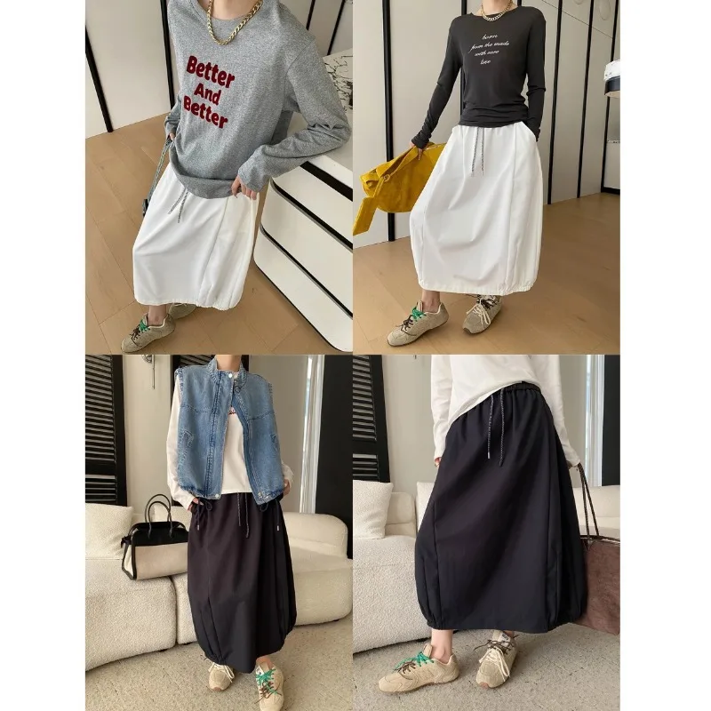 Sisann Style Slimming Skirt With Elastic Waist For Body Women White Elastic Waist Drawstring Bubble Hem Skirt Casual Skirt 59FC