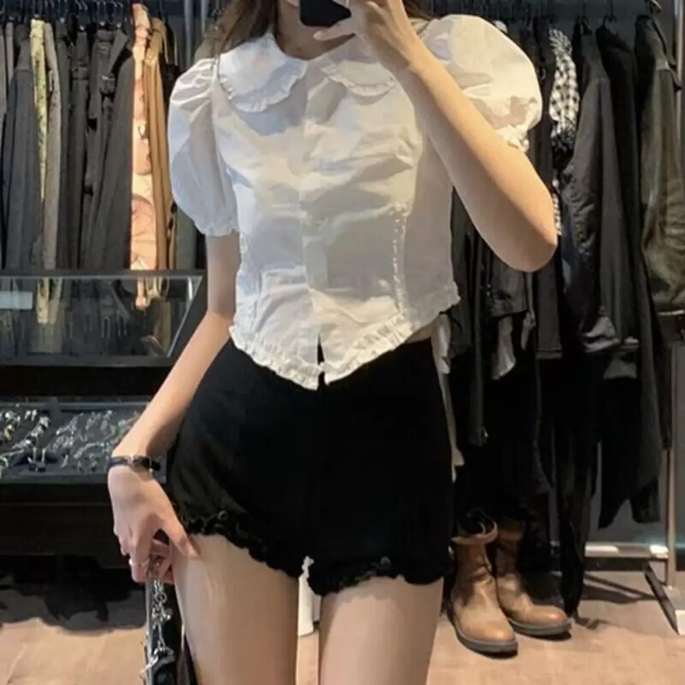 French Style Ruffle Blouse Cute Spring Summer Shourt Sleeves Work Blouses Lapel White Shirt For Women Girl